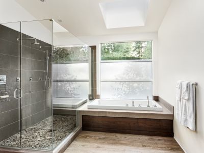 Open Shower with Stone Accents